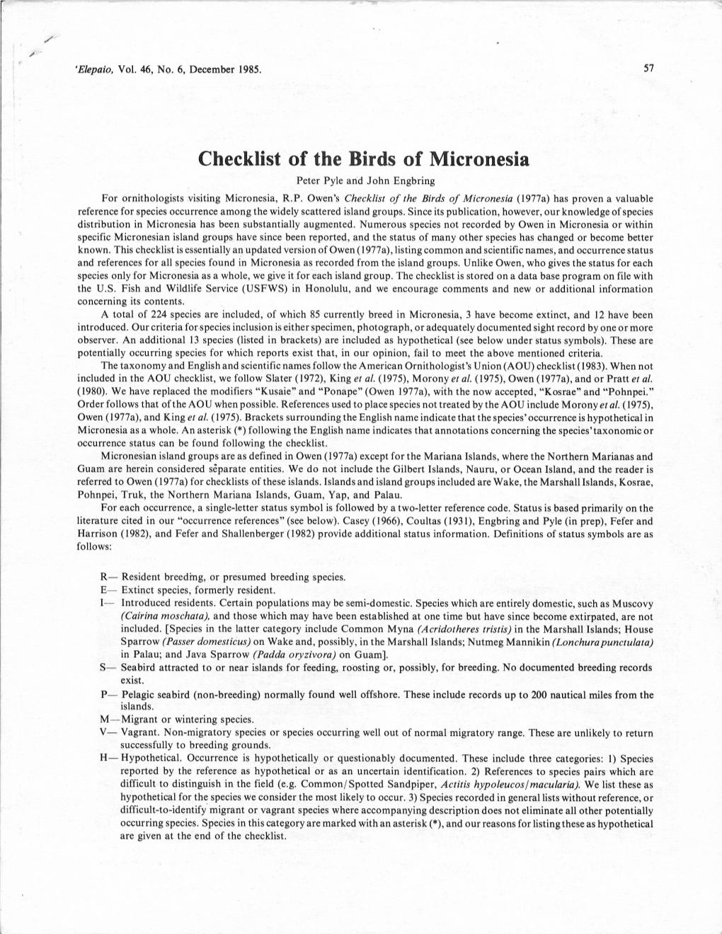 Checklist of the Birds of Micronesia Peter Pyle and John Engbring for Ornithologists Visiting Micronesia, R.P