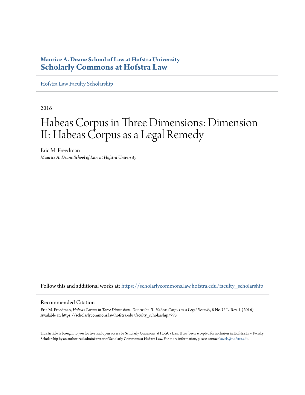 Habeas Corpus As a Legal Remedy Eric M