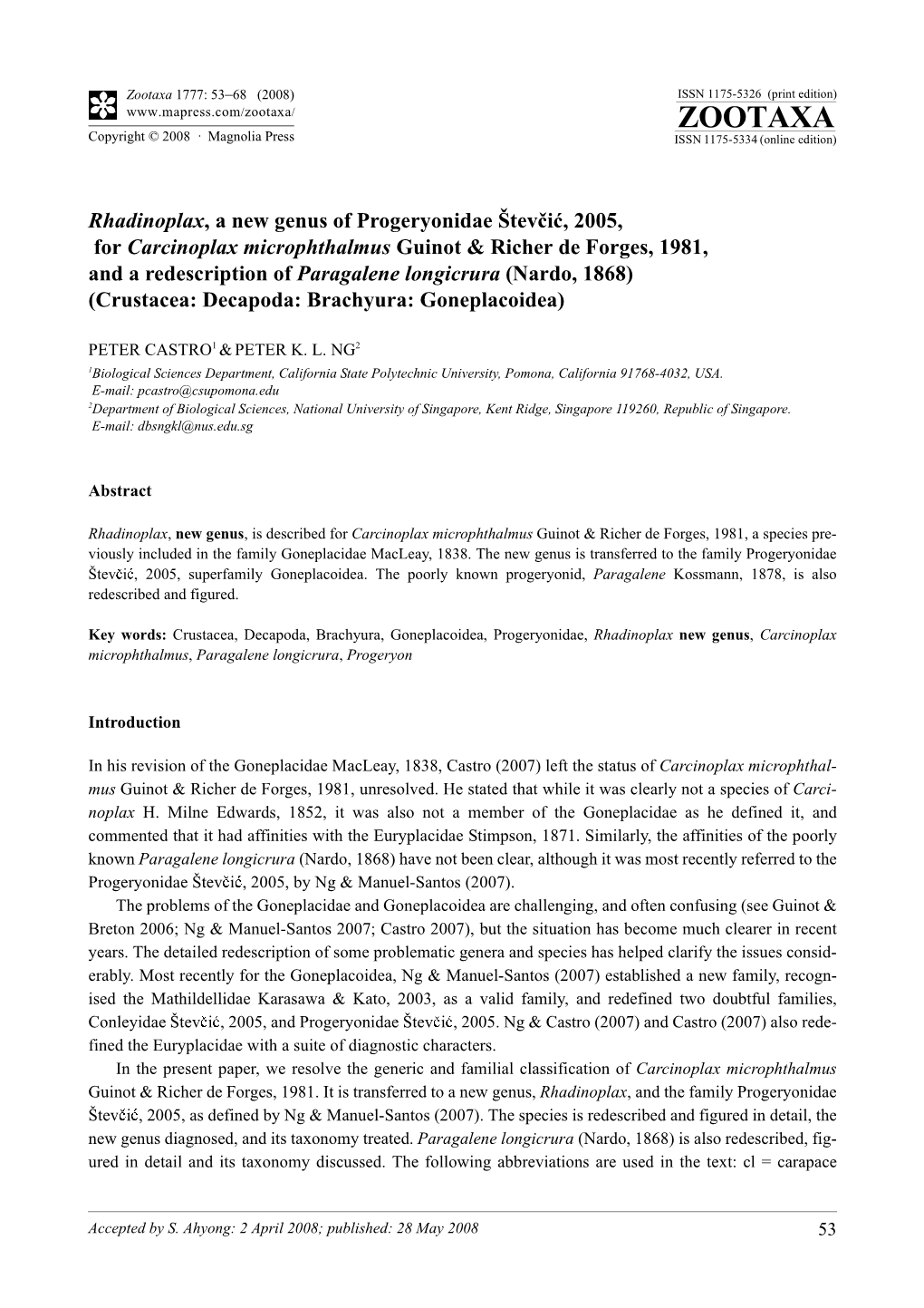 Zootaxa, Rhadinoplax, a New Genus of Progeryonidae Stevcic, 2005