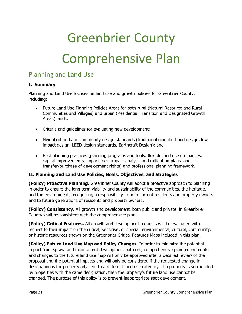 Greenbrier County Comprehensive Plan Planning and Land Use I