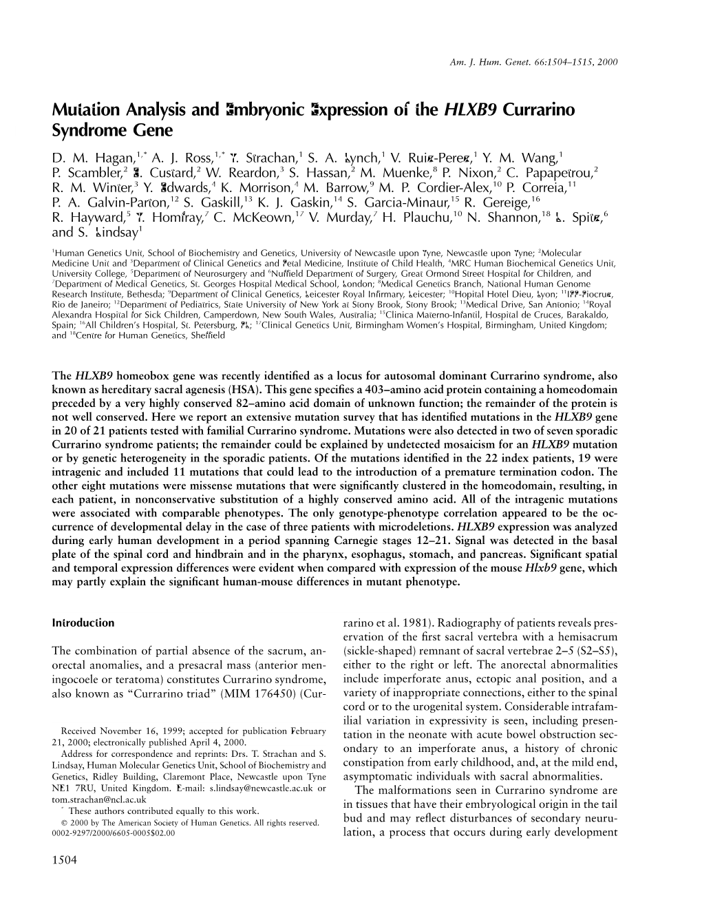 Mutation Analysis and Embryonic Expression of the HLXB9 Currarino Syndrome Gene D