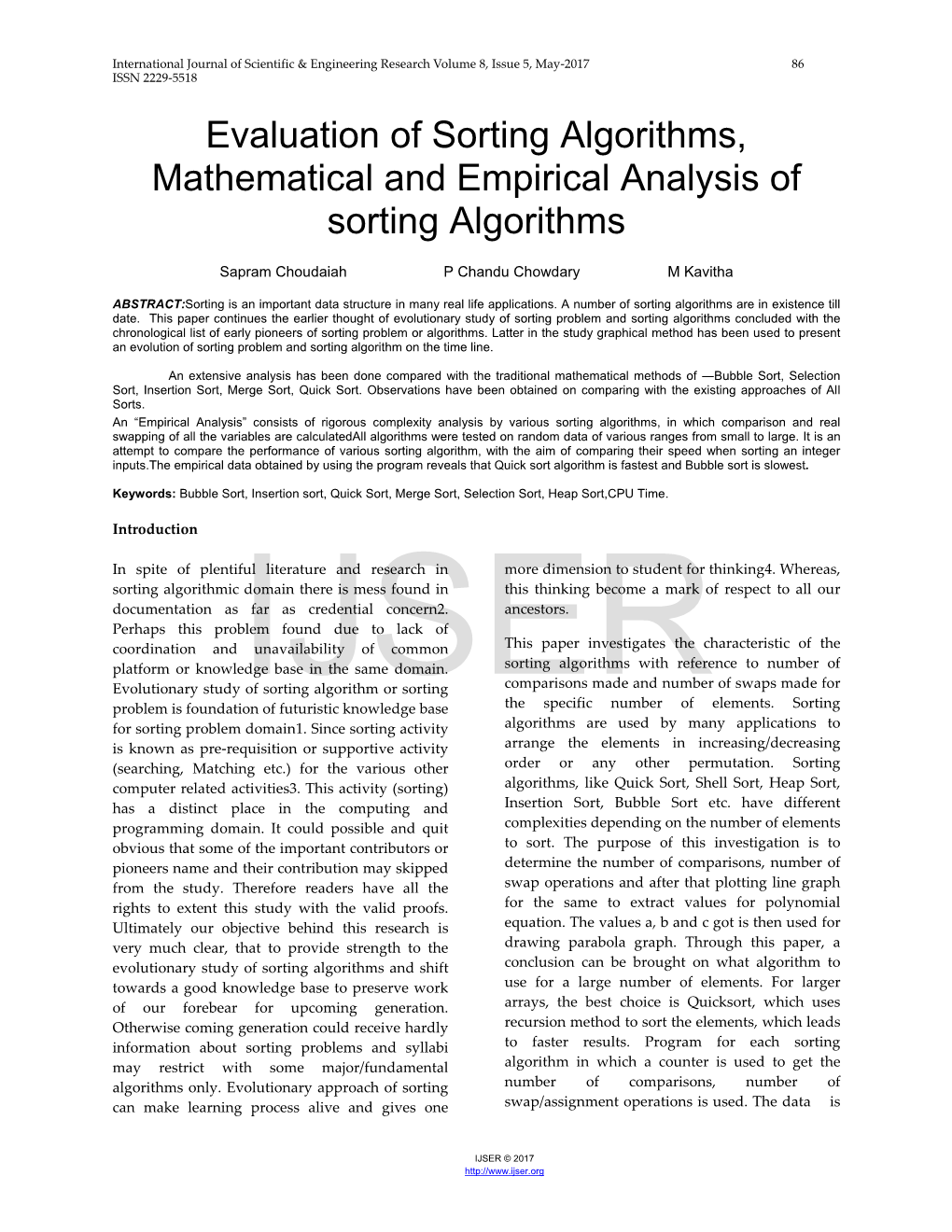 Evaluation of Sorting Algorithms, Mathematical and Empirical Analysis of Sorting Algorithms