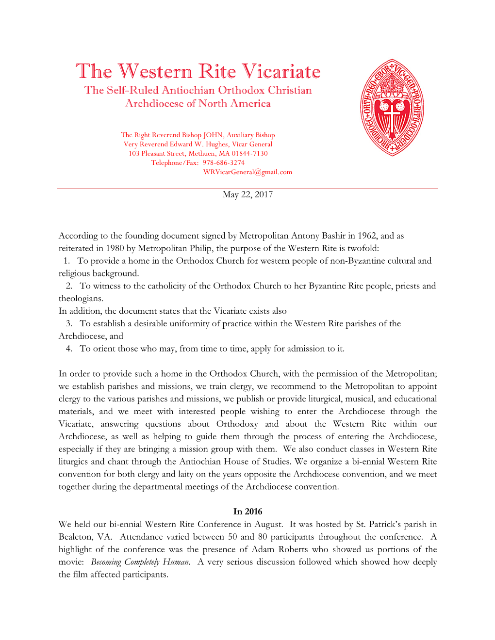 The Western Rite Vicariate the Self-Ruled Antiochian Orthodox Christian Archdiocese of North America