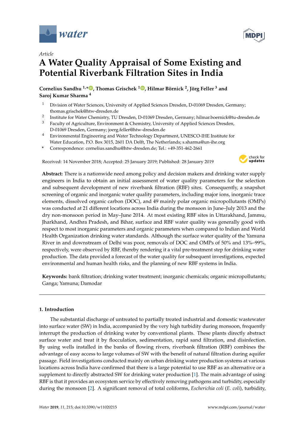 A Water Quality Appraisal of Some Existing and Potential Riverbank Filtration Sites in India