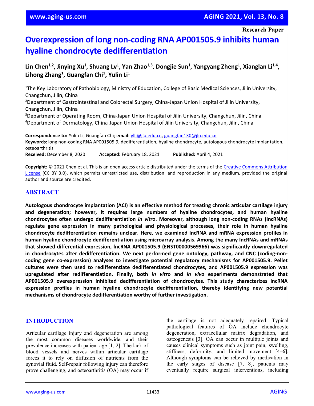 Overexpression of Long Non-Coding RNA AP001505.9 Inhibits Human Hyaline Chondrocyte Dedifferentiation