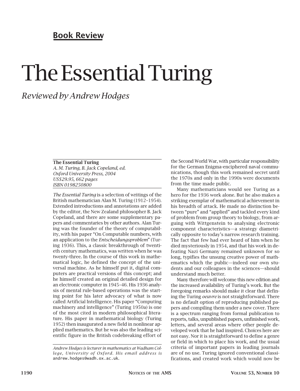 The Essential Turing Reviewed by Andrew Hodges