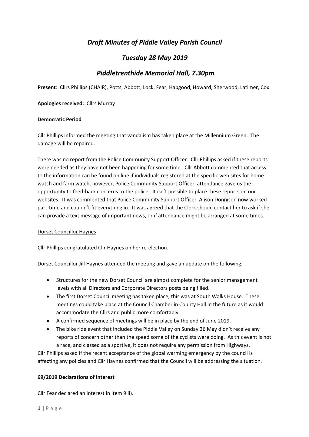 Draft Minutes of Piddle Valley Parish Council Tuesday 28 May 2019