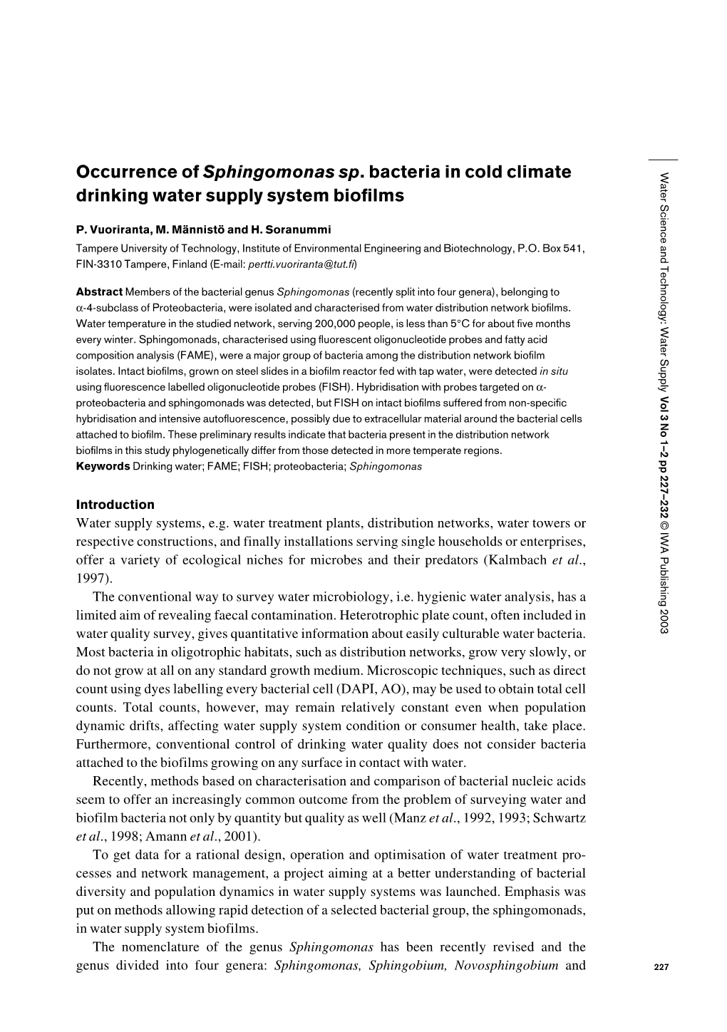 Occurrence of Sphingomonas Sp. Bacteria in Cold Climate Drinking