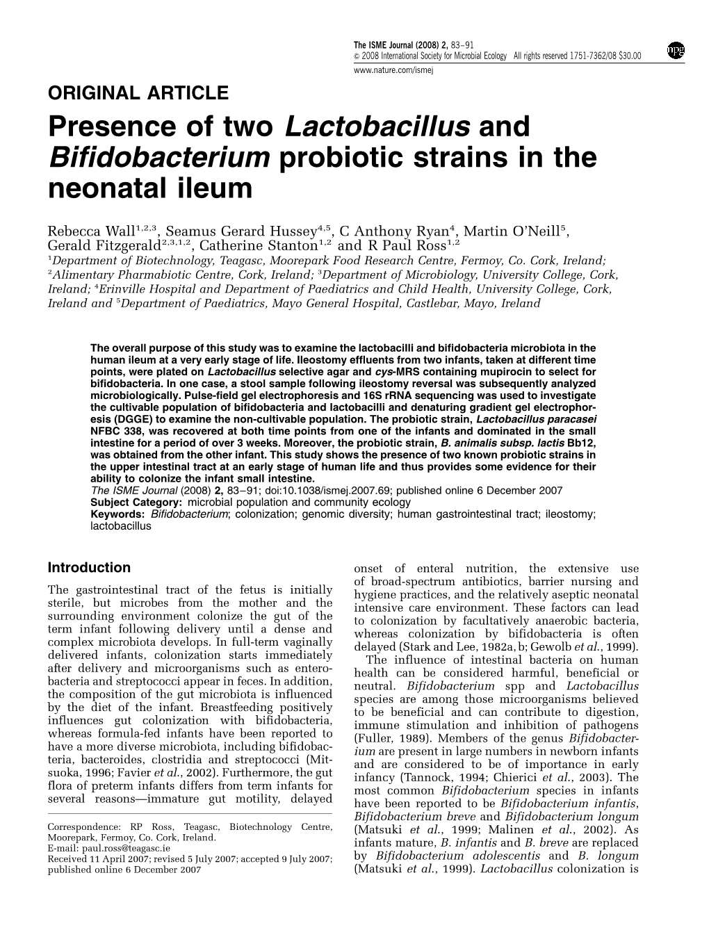 Presence of Two Lactobacillus and Bifidobacterium Probiotic Strains in the Neonatal Ileum