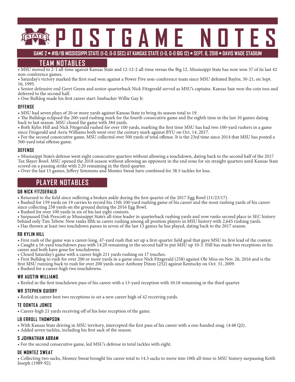 Postgame Notes Game 2 • #18/18 Mississippi State (1-0, 0-0 Sec) at Kansas State (1-0, 0-0 Big 12) • Sept