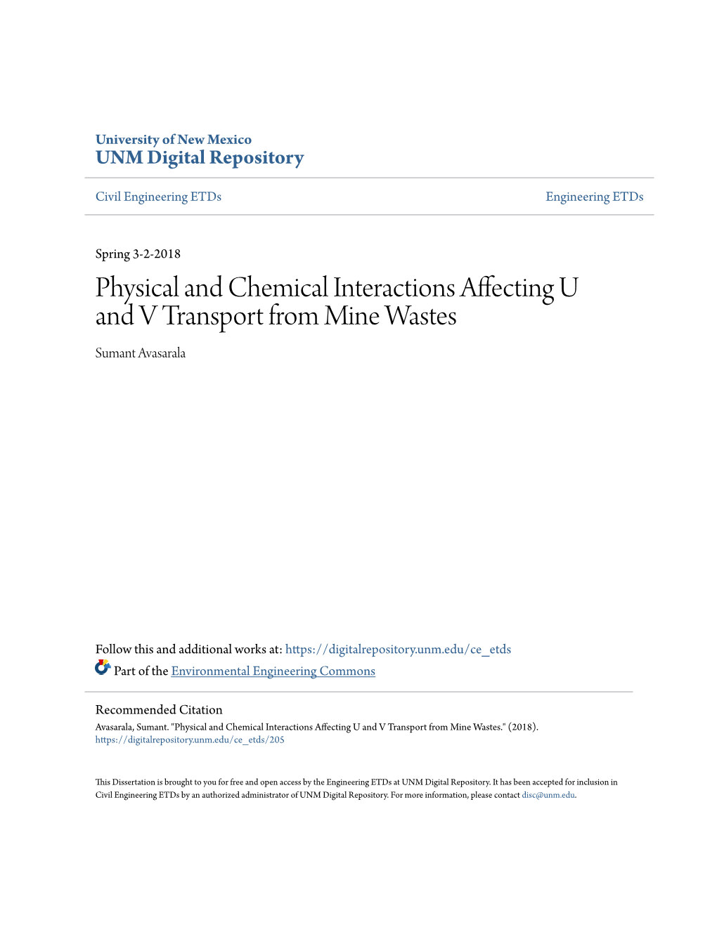 Physical and Chemical Interactions Affecting U and V Transport from Mine Wastes Sumant Avasarala