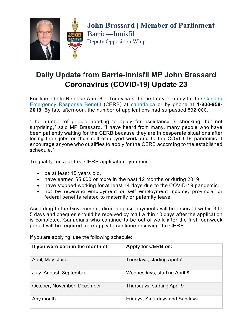 Daily Update from Barrie-Innisfil MP John Brassard Coronavirus (COVID-19) Update 23