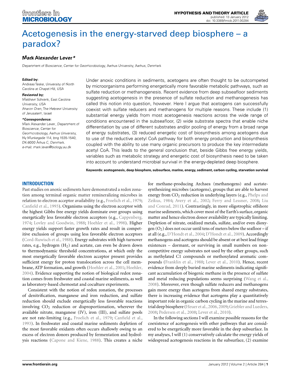 Acetogenesis in the Energy-Starved Deep Biosphere – a Paradox?