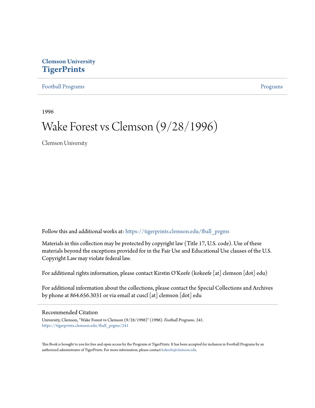 Wake Forest Vs Clemson (9/28/1996) Clemson University