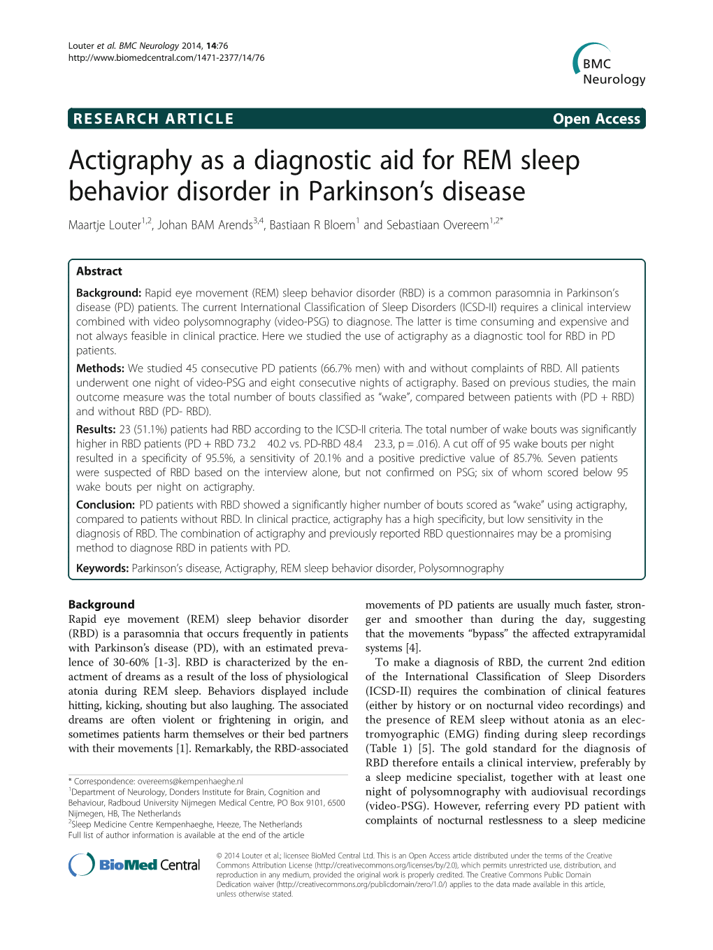 Actigraphy As a Diagnostic Aid for REM Sleep Behavior Disorder In