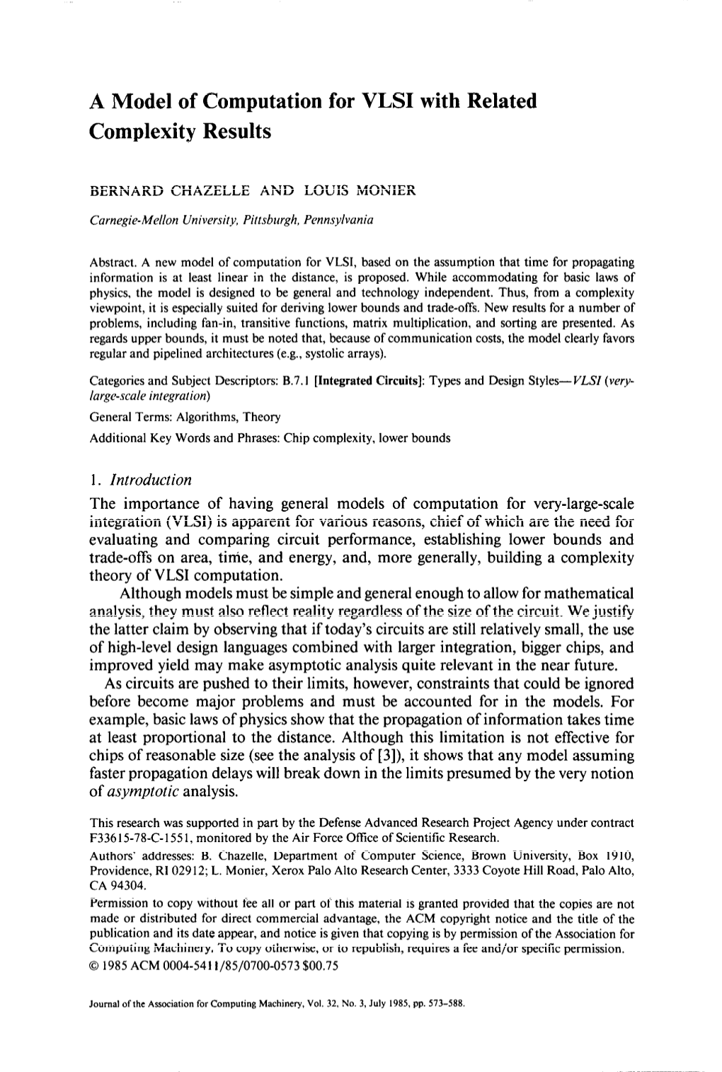 A Model of Computation for VLSI with Related Complexity Results