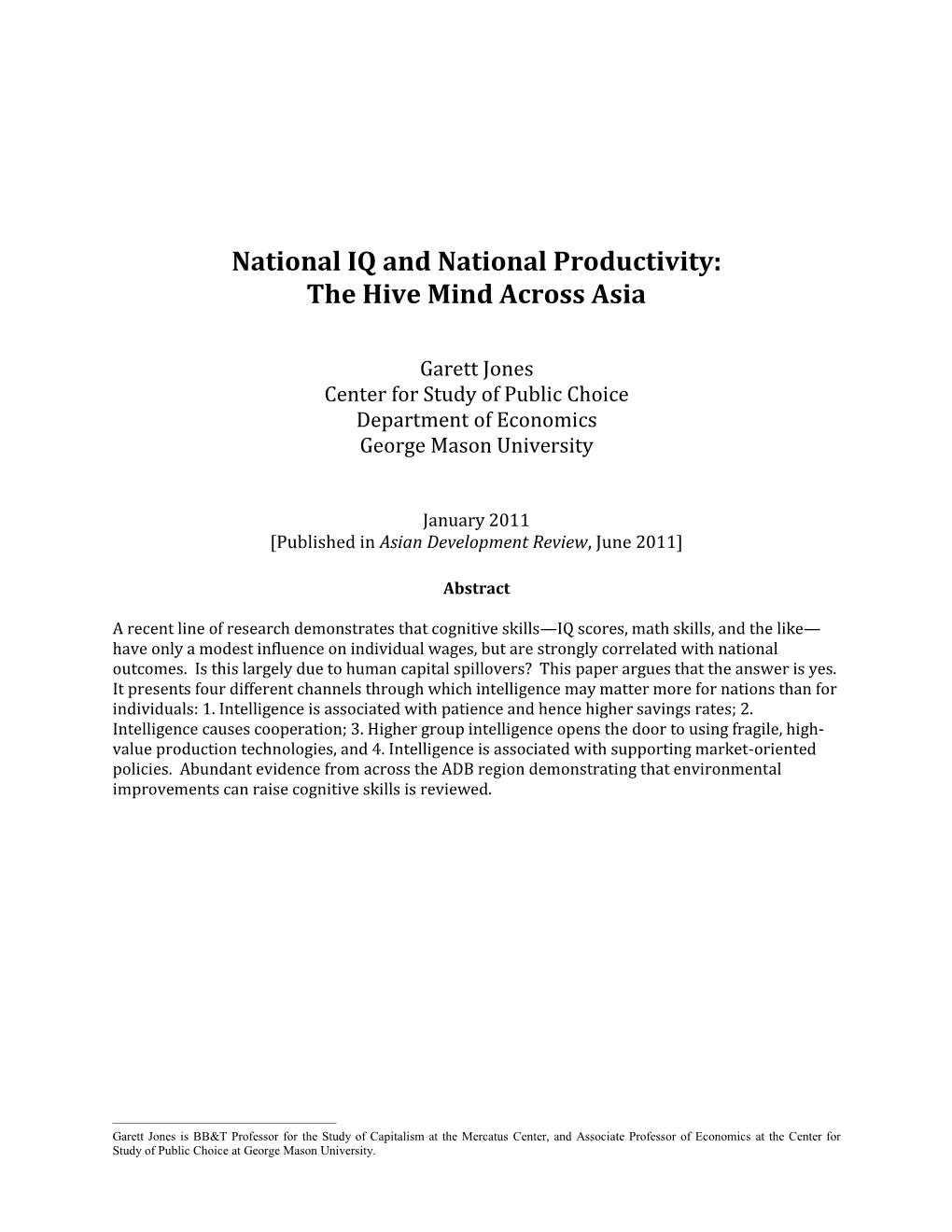 National IQ and National Productivity: the Hive Mind Across Asia
