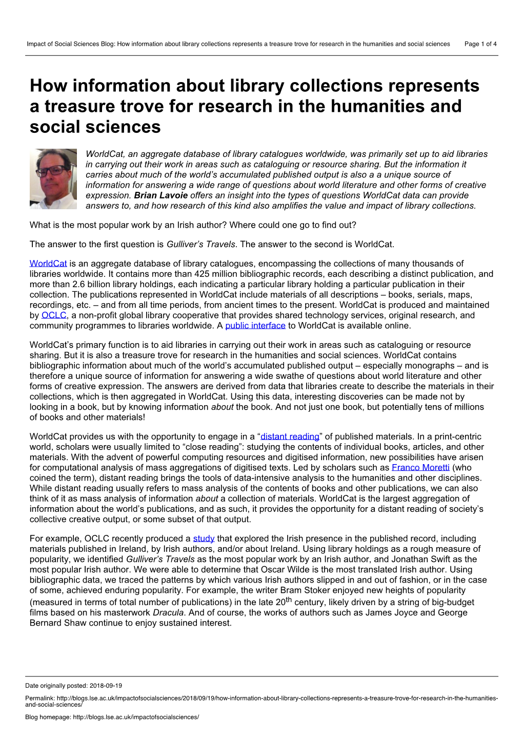 Impact of Social Sciences Blog: How Information About Library Collections Represents a Treasure Trove for Research in the Humanities and Social Sciences Page 1 of 4