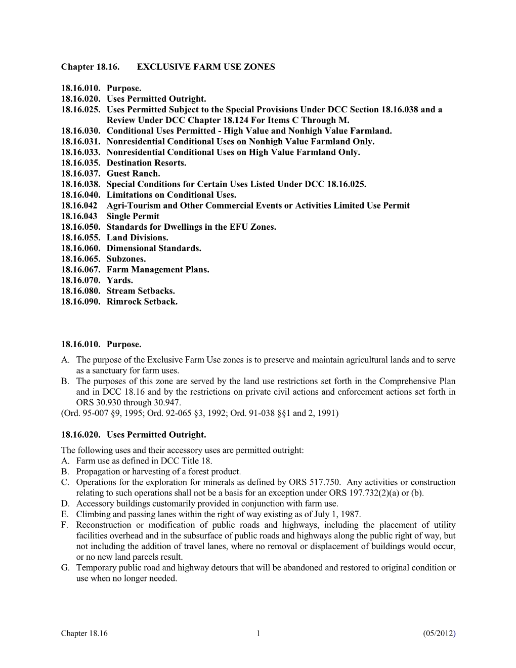 Chapter 18.16. EXCLUSIVE FARM USE ZONES