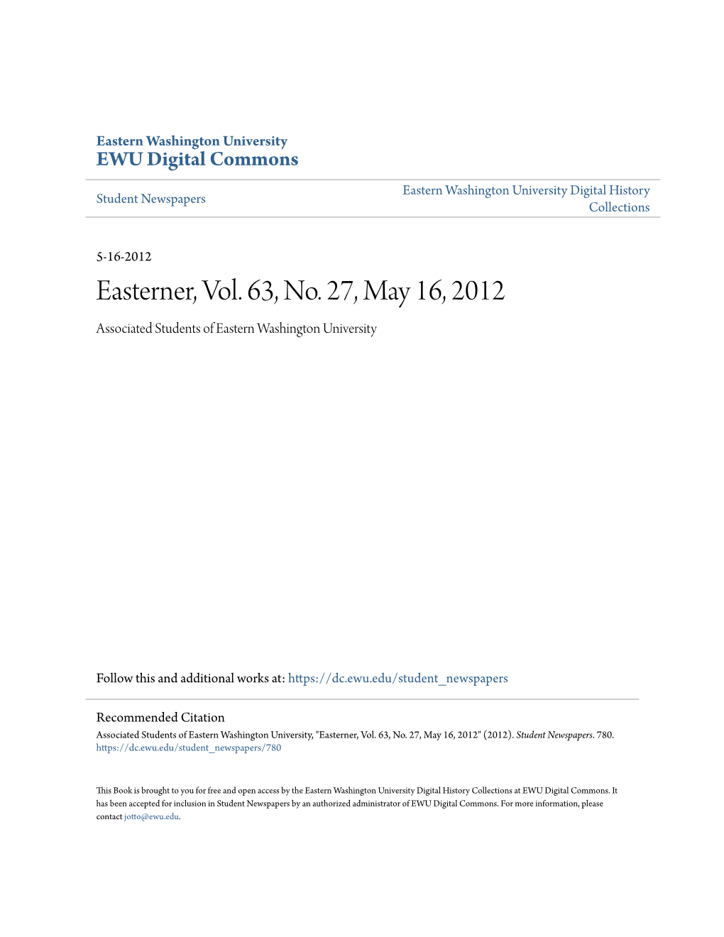 Easterner, Vol. 63, No. 27, May 16, 2012 Associated Students of Eastern Washington University