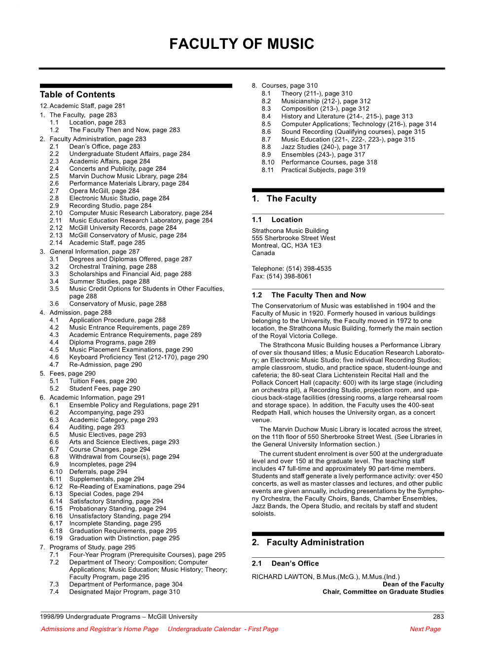 Music, 1998/99 Mcgill Undergraduate Programs Calendar