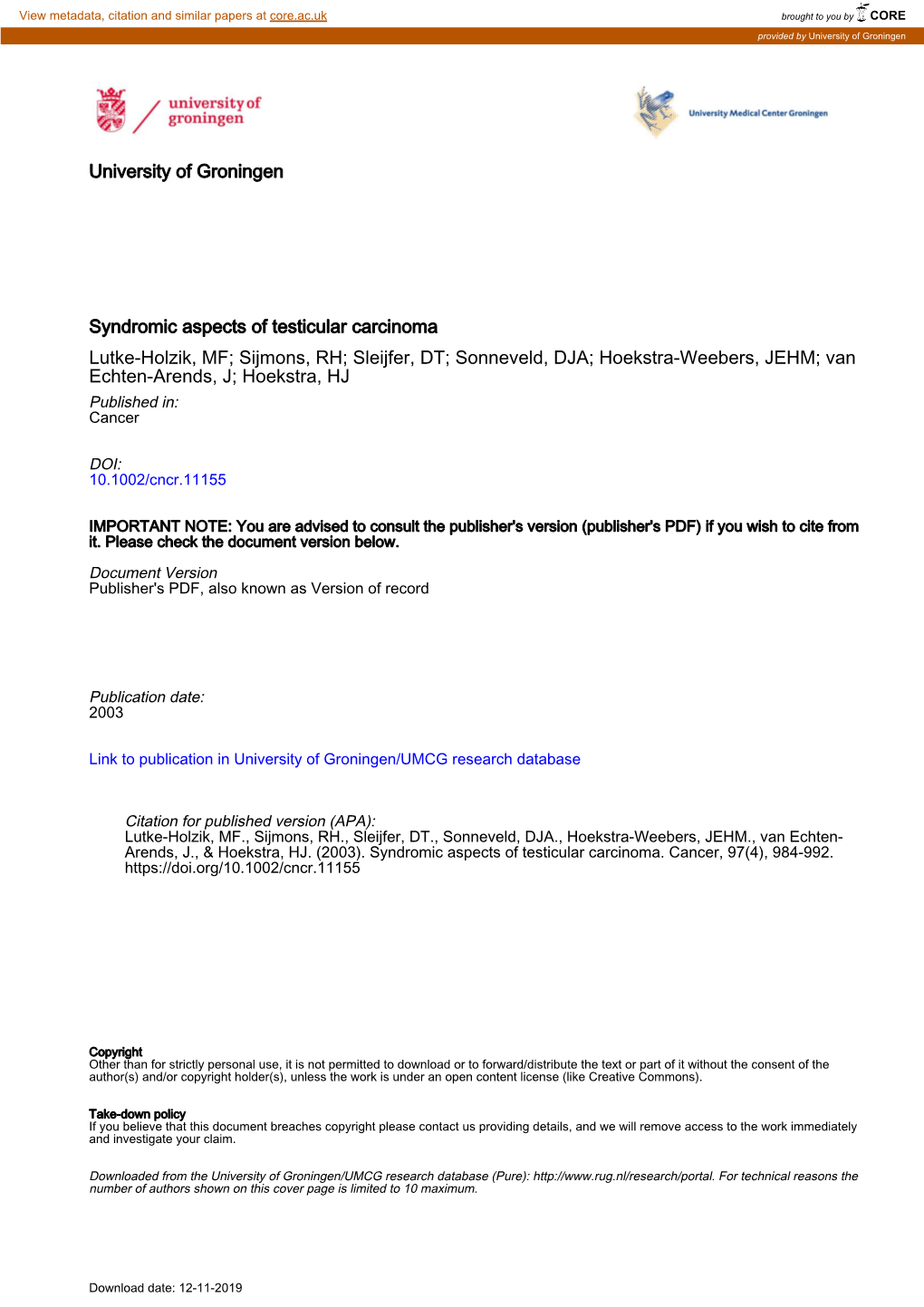 Syndromic Aspects of Testicular Carcinoma