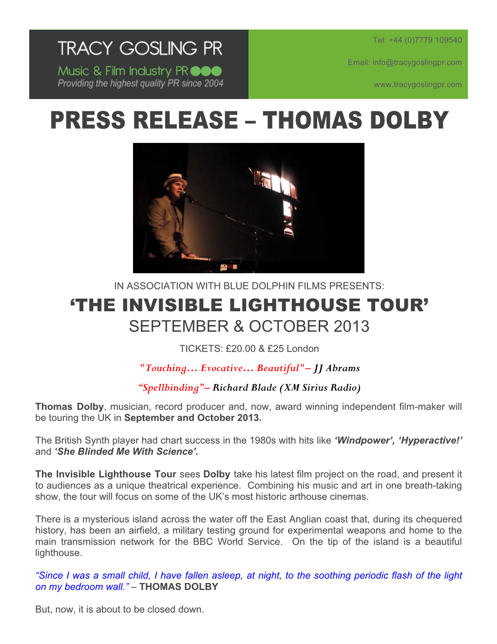 Thomas Dolby to Tour UK with “The Invisible Lighthouse Live”