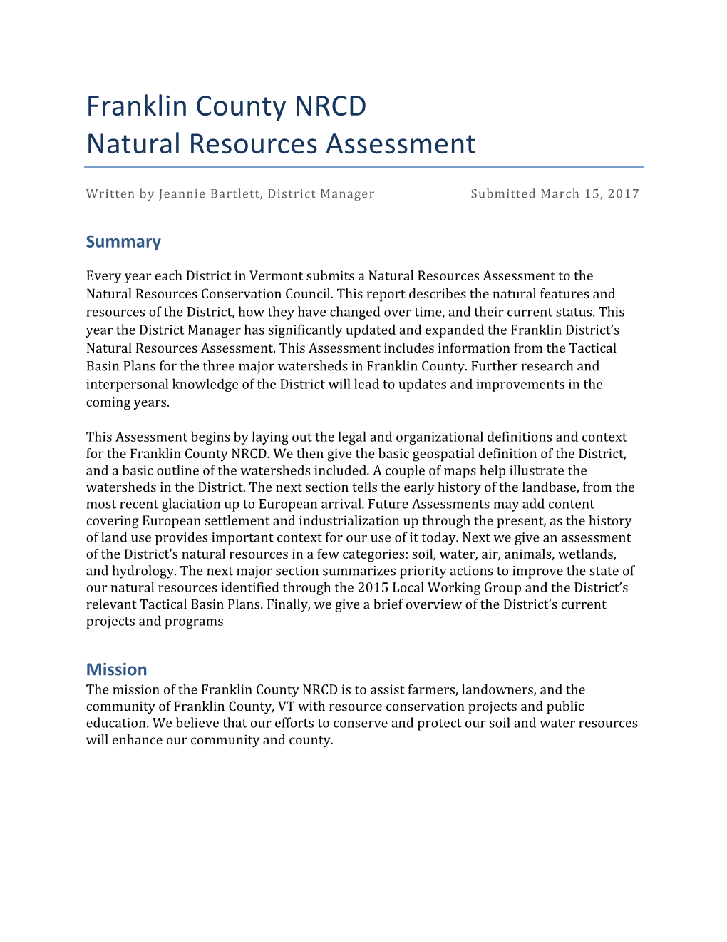 Franklin County NRCD Natural Resources Assessment