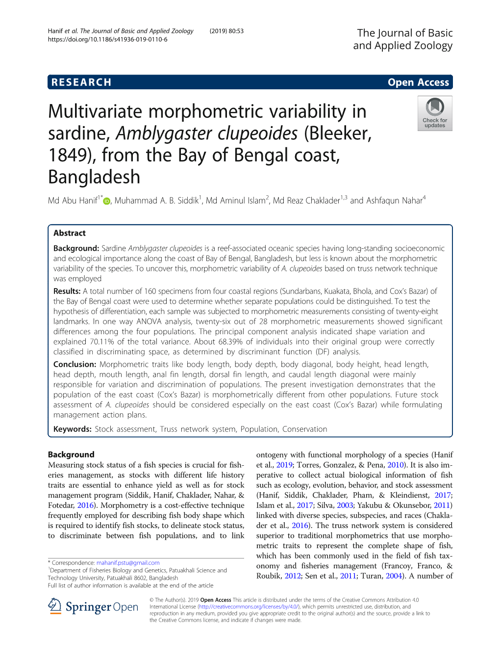 Multivariate Morphometric Variability in Sardine, Amblygaster Clupeoides (Bleeker, 1849), from the Bay of Bengal Coast, Bangladesh Md Abu Hanif1* , Muhammad A