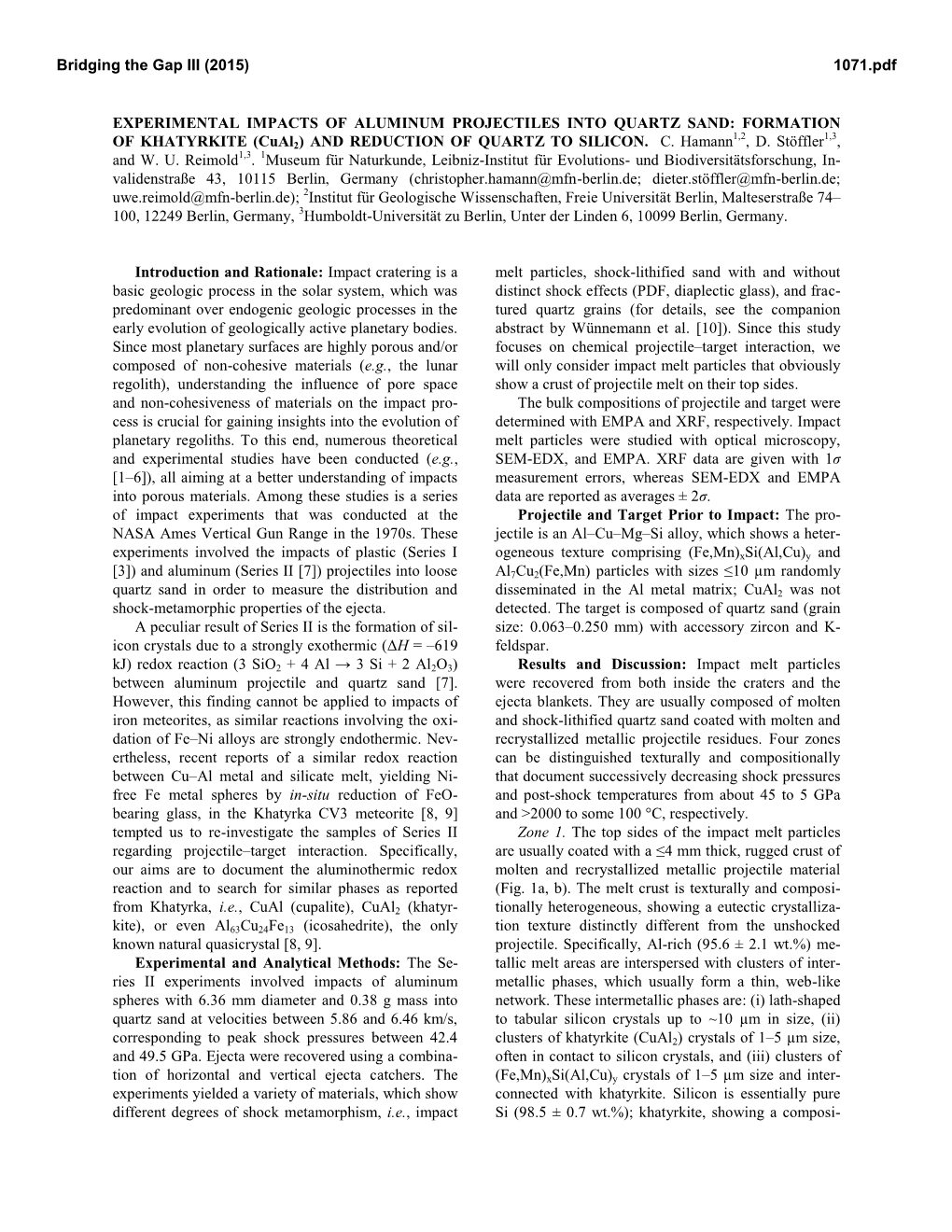 EXPERIMENTAL IMPACTS of ALUMINUM PROJECTILES INTO QUARTZ SAND: FORMATION 1,2 1,3 of KHATYRKITE (Cual2) and REDUCTION of QUARTZ to SILICON