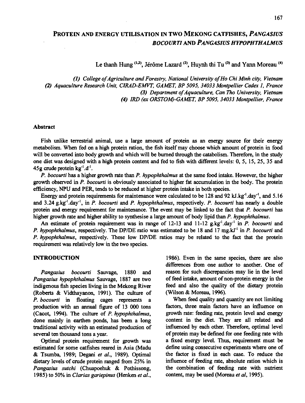 Protein and Energy Utilisatoin in Two Mekong Catfishes, Pangasius