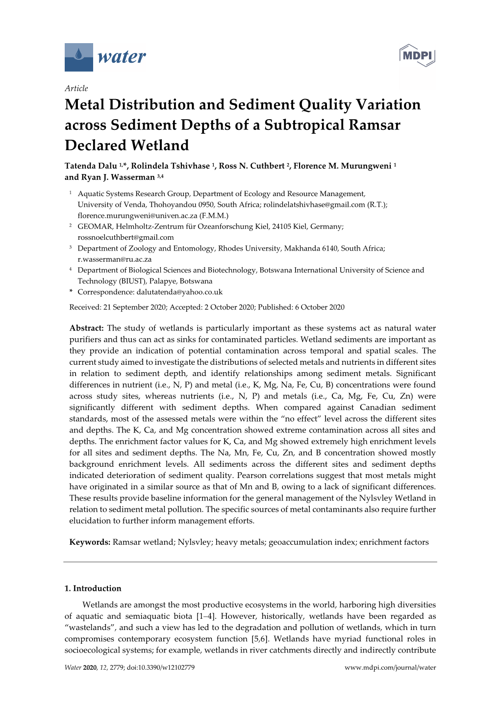 Metal Distribution and Sediment Quality Variation Across Sediment Depths of a Subtropical Ramsar Declared Wetland