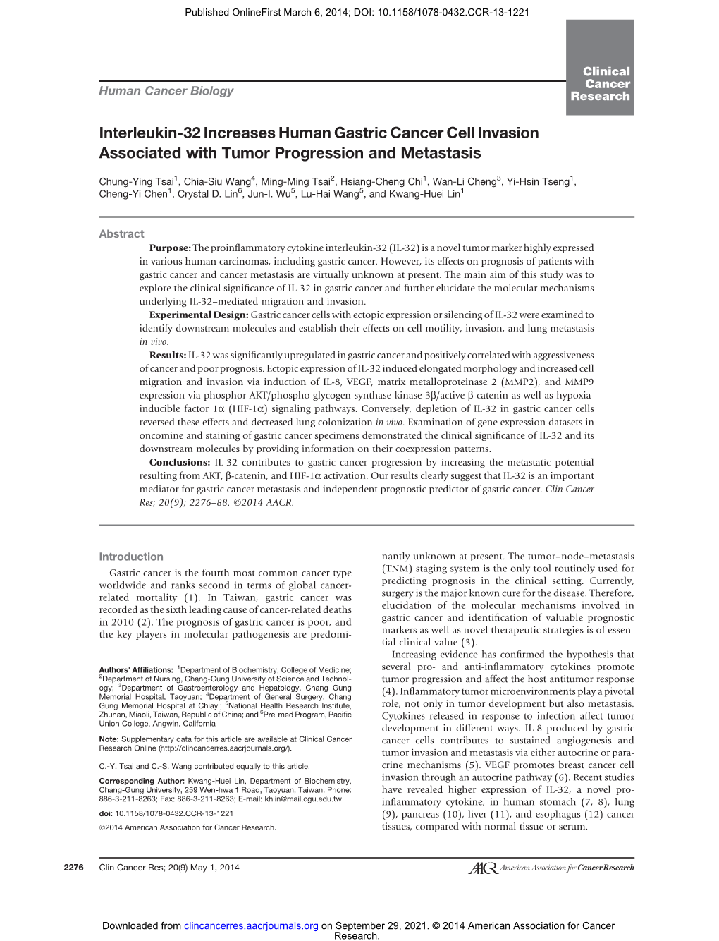 Interleukin-32 Increases Human Gastric Cancer Cell Invasion Associated with Tumor Progression and Metastasis