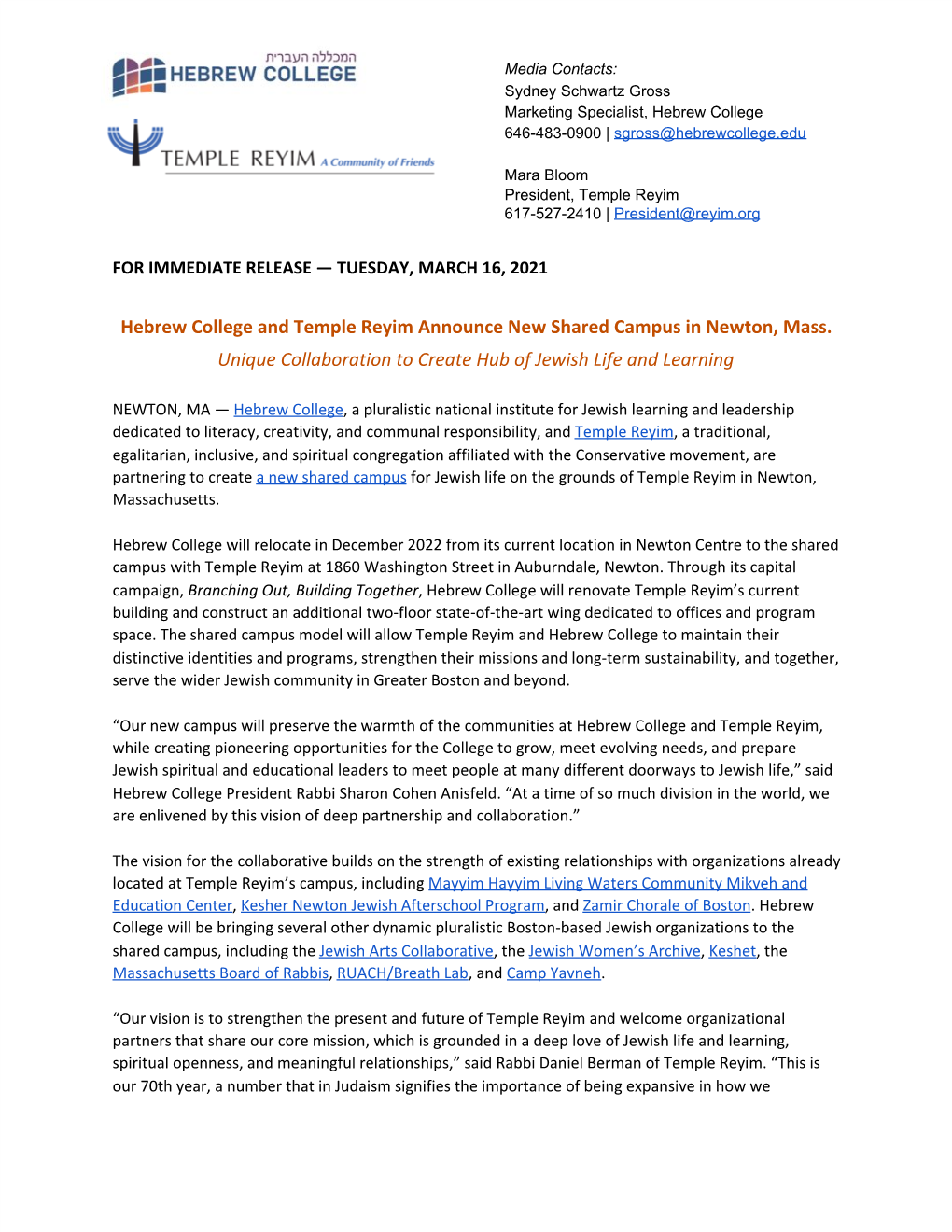 Hebrew College and Temple Reyim Announce​ ​New Shared Campus