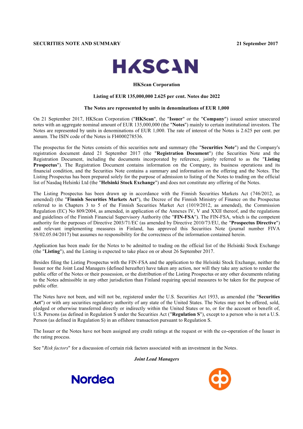 SECURITIES NOTE and SUMMARY 21 September 2017 Hkscan