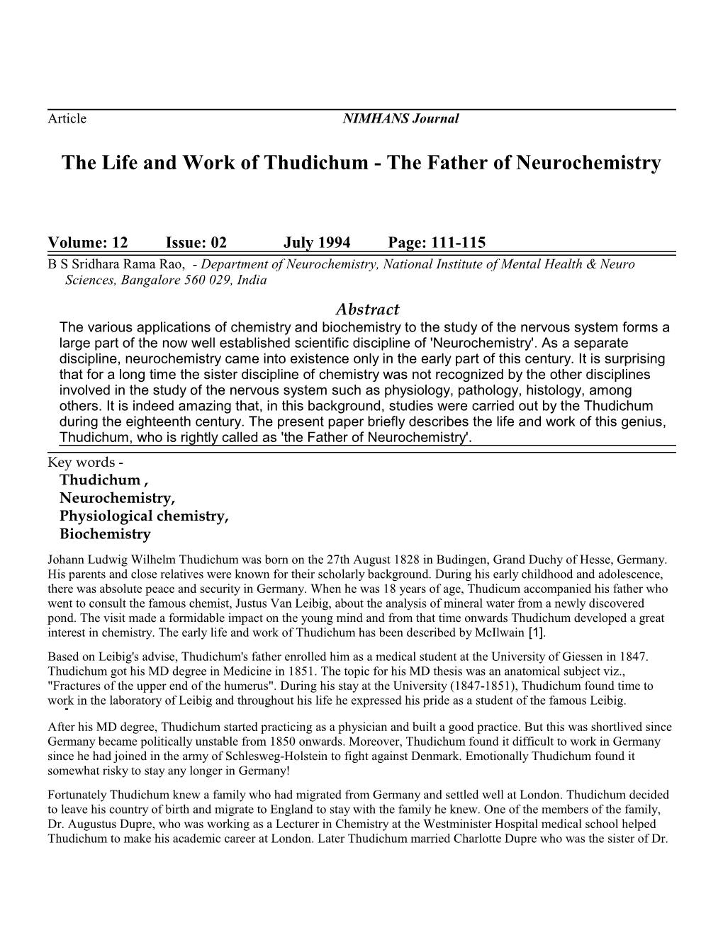 The Life and Work of Thudichum - the Father of Neurochemistry