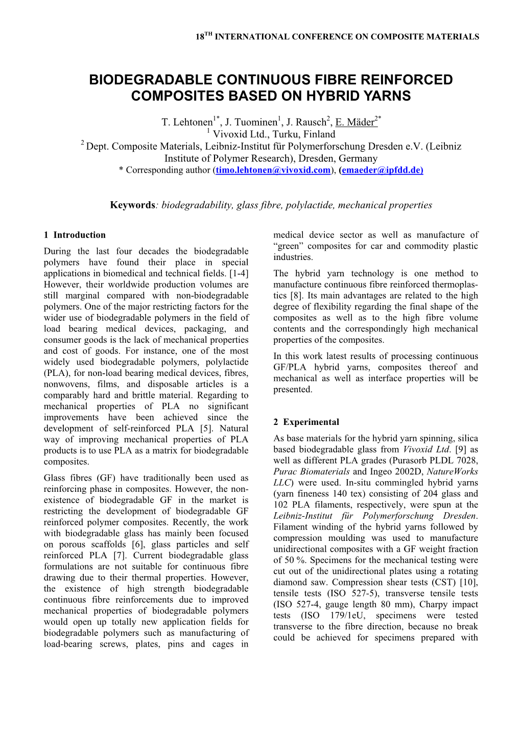 Biodegradable Continuous Fibre Reinforced Composites Based on Hybrid Yarns