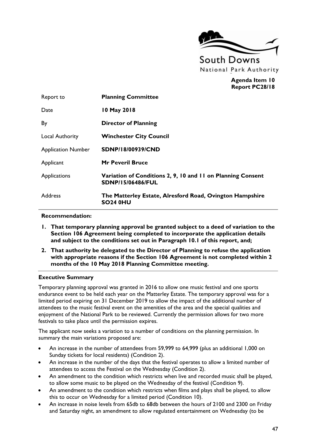 47 Report to Planning Committee Date 10 May 2018 by Director Of