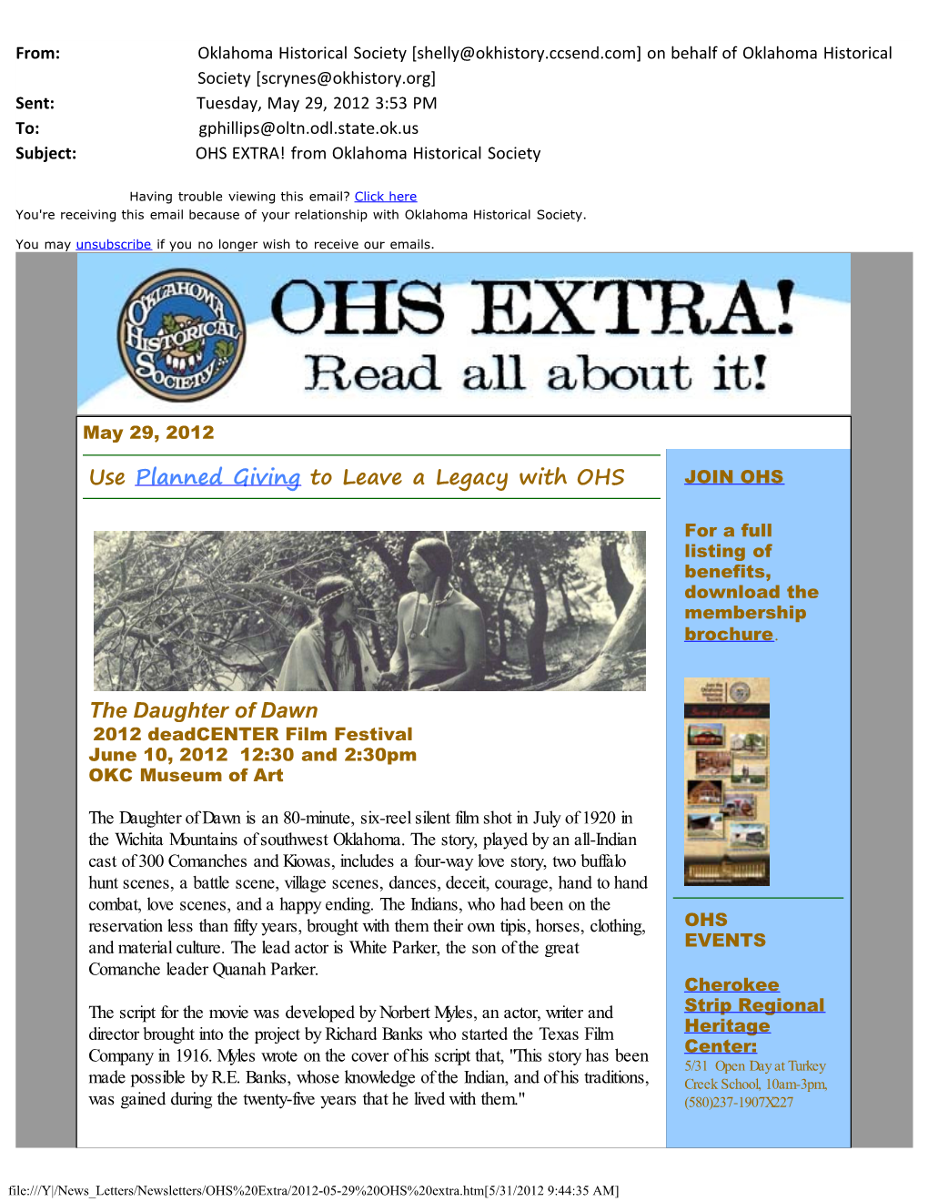Y:\News Letters\Newsletters\OHS Extra\2012-05-29 OHS Extra.Htm