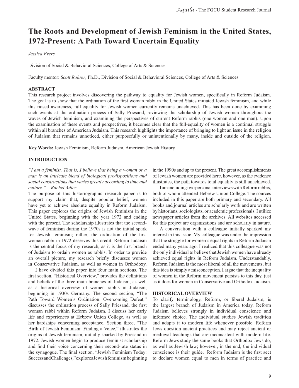 The Roots and Development of Jewish Feminism in the United States, 1972-Present: a Path Toward Uncertain Equality