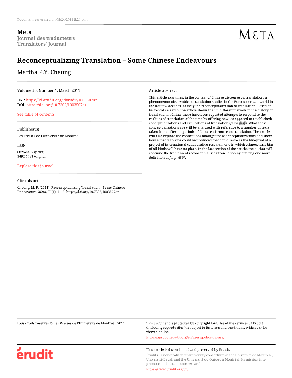 Reconceptualizing Translation – Some Chinese Endeavours Martha P.Y