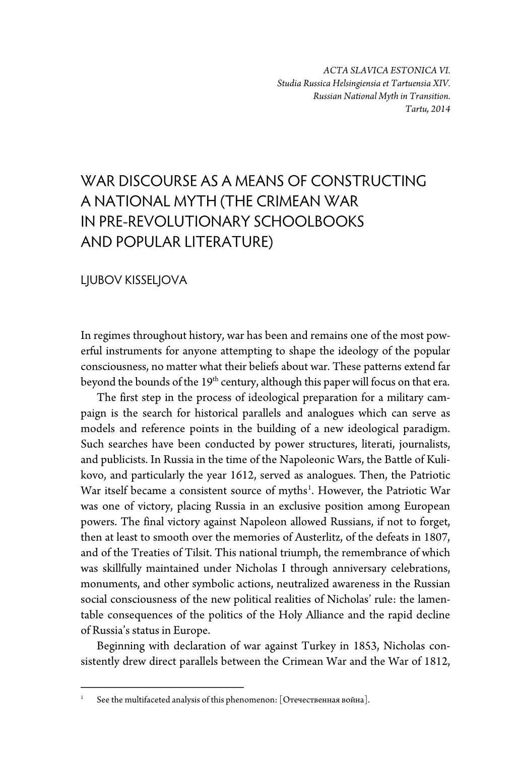 War Discourse As a Means of Constructing a National Myth (The Crimean War in Pre-Revolutionary Schoolbooks and Popular Literature)