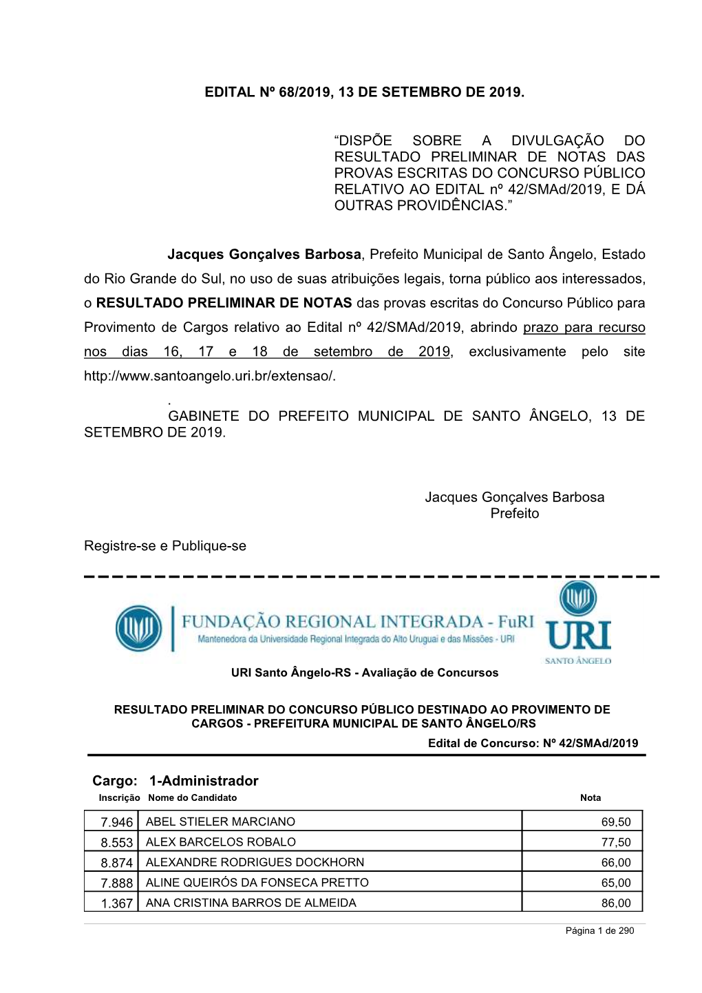 Edital Nº 68/2019, 13 De Setembro De 2019. “Dispõe Sobre a Divulgação Do Resultado Preliminar De Notas Das Provas Escritas