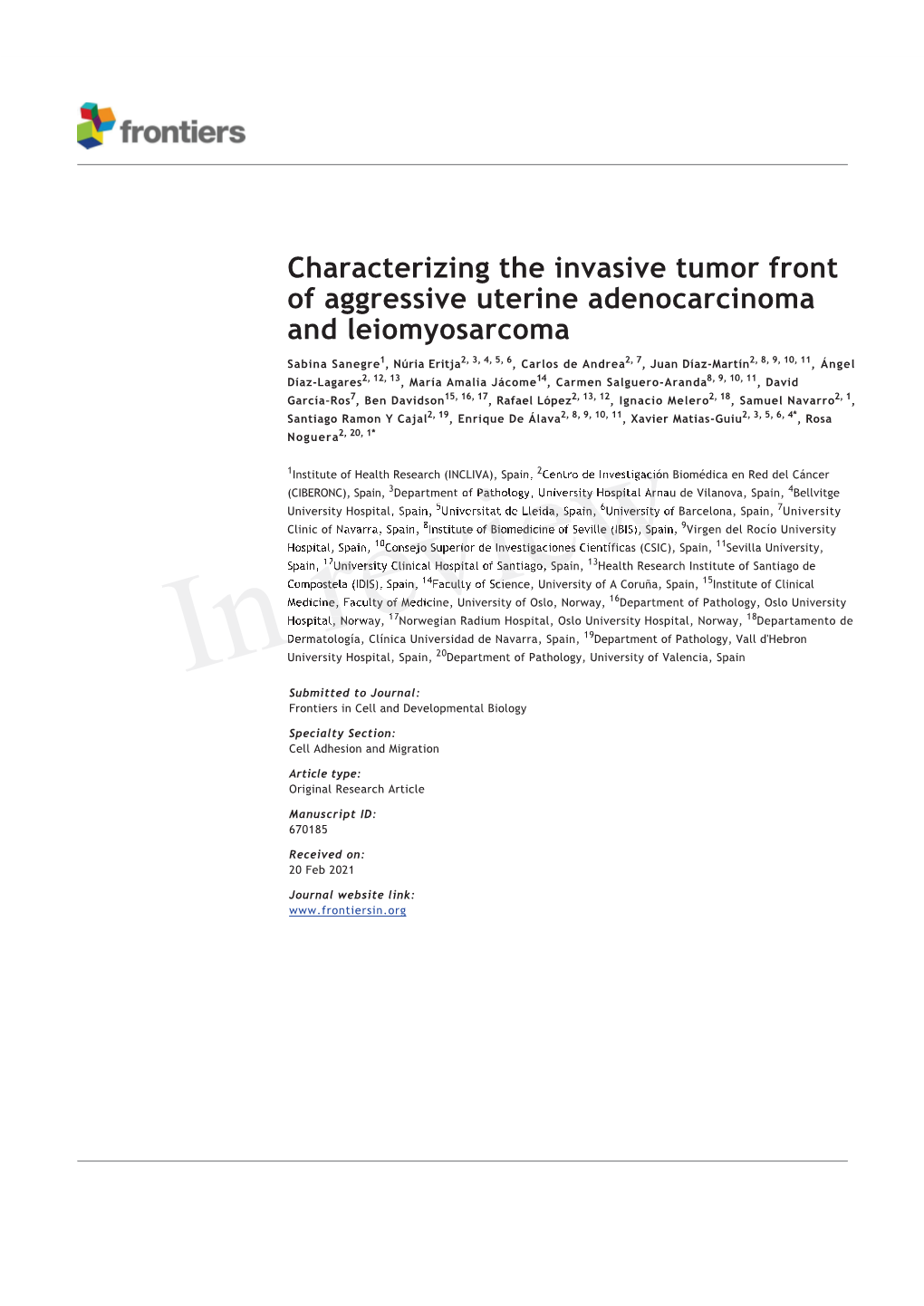 Characterizing the Invasive Tumor Front of Aggressive Uterine Adenocarcinoma and Leiomyosarcoma