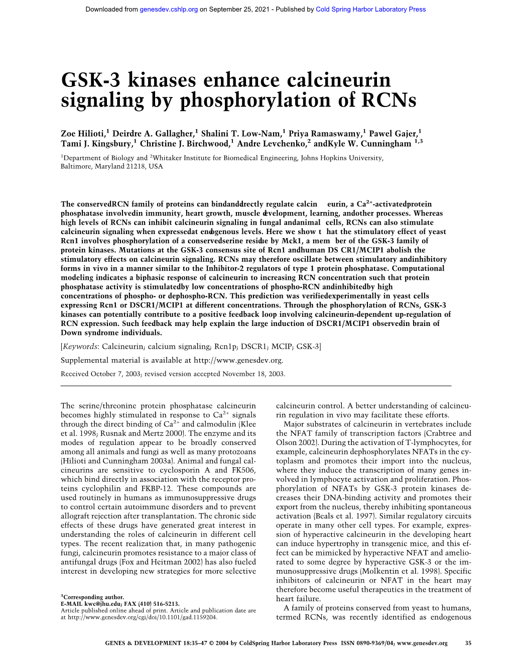 GSK-3 Kinases Enhance Calcineurin Signaling by Phosphorylation of Rcns