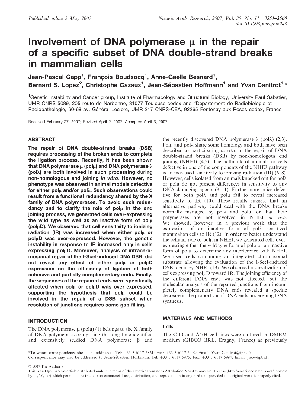 Involvement of DNA Polymerase K in the Repair of a Specific Subset of DNA Double-Strand Breaks in Mammalian Cells