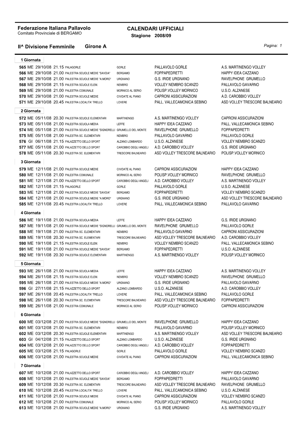 CALENDARI UFFICIALI Federazione Italiana