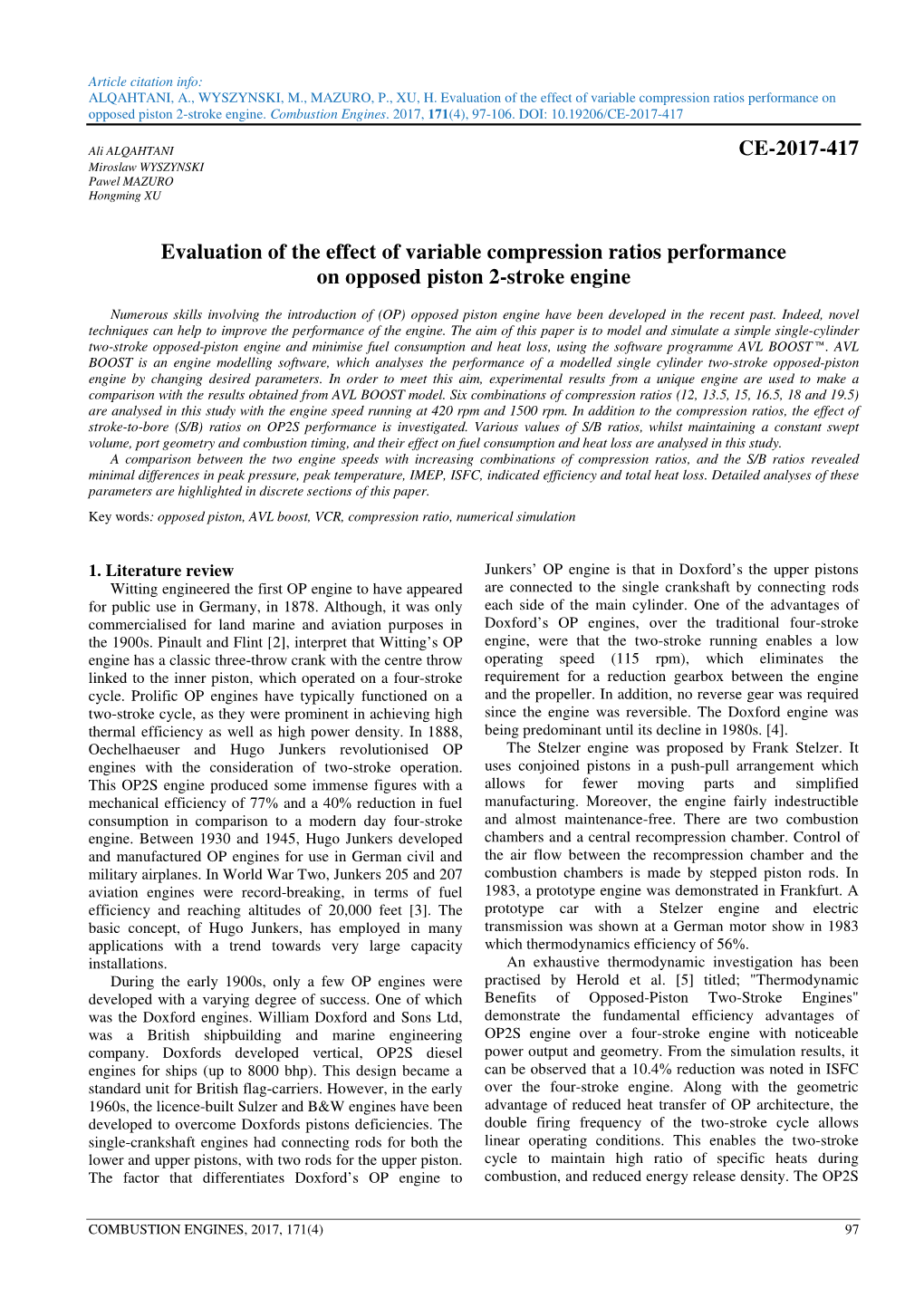 CE-2017-417 Evaluation of the Effect of Variable Compression Ratios