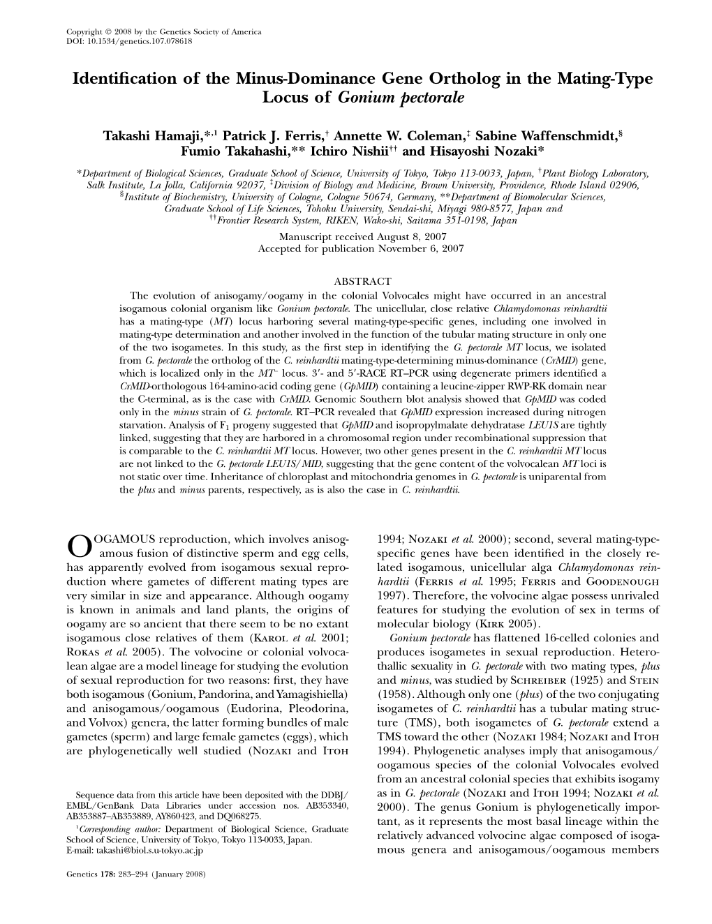 Identification of the Minus-Dominance Gene Ortholog in the Mating-Type