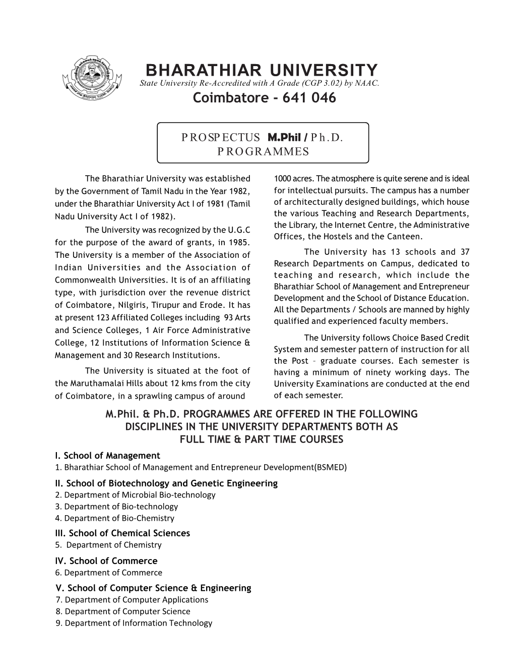 Bharatiyar University Mphil Phd Prospectus 2020